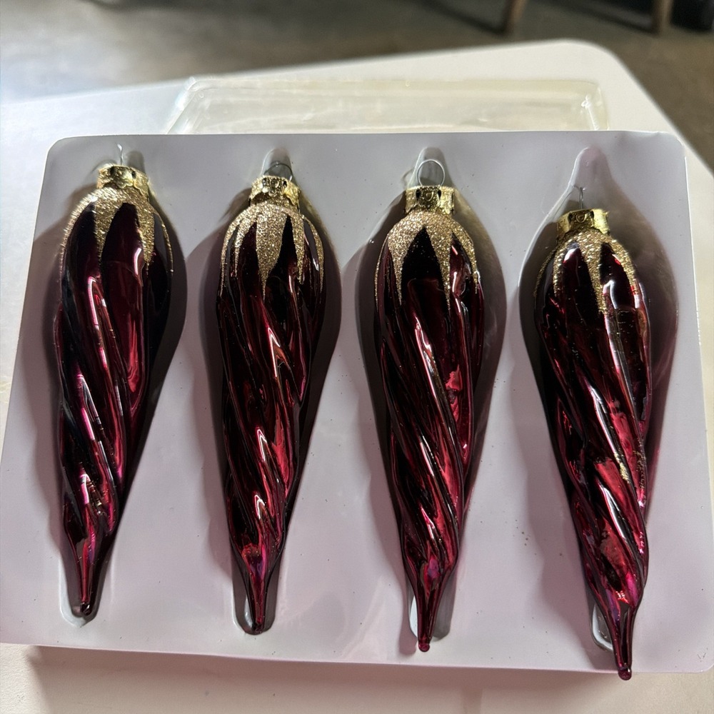 Beautiful! Vintage Christmas Red Teardrop Ornaments 6" Set of 4 W/Original Box